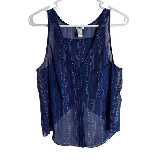 Forever 21 Women's Tank Top S Blue Striped Print Sheer Button Front Open Back - Picture 1 of 7